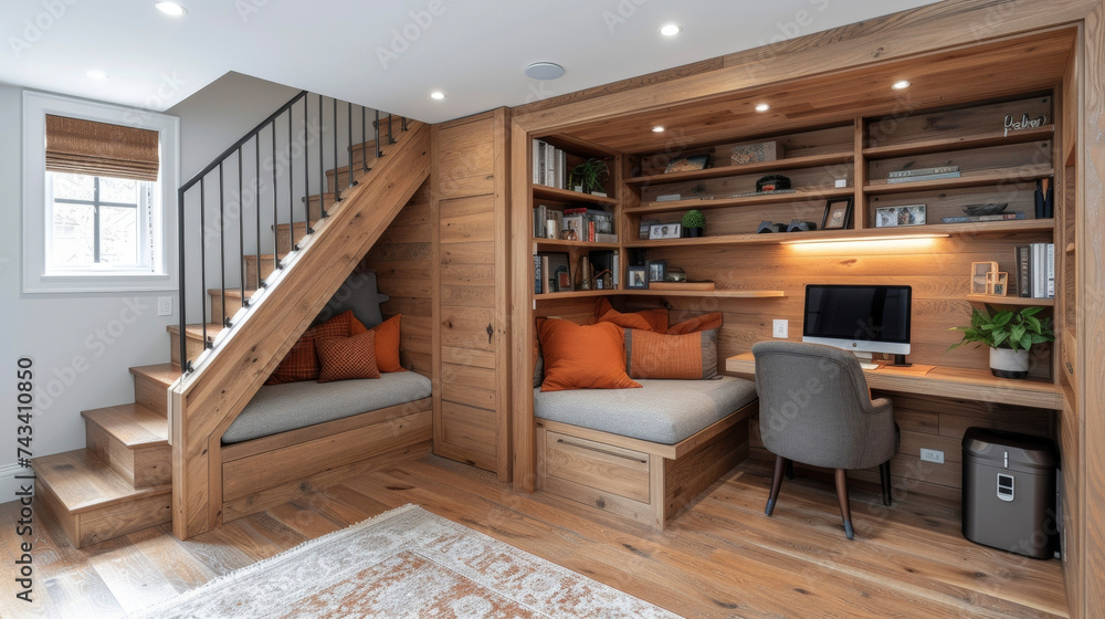 Poster a clever understair office nook complete with a builtin desk chair and storage shelves creating a fu