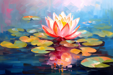 Beautiful mysterious fantastic lotus flower. Oil painting in impressionism style. - obrazy, fototapety, plakaty