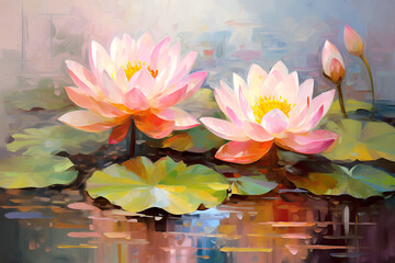 Beautiful mysterious fantastic lotus flower. Oil painting in impressionism style. - obrazy, fototapety, plakaty