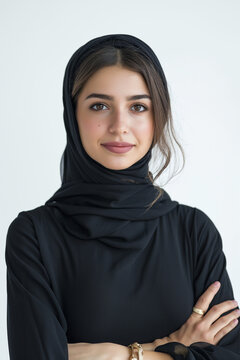 portrait of a young beautiful Arab woman wearing black clothes. isolated against a white background who feels confident, crossing arms with determination. International womans day