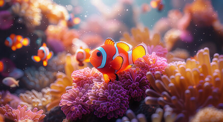 Vibrant clownfish among coral reef