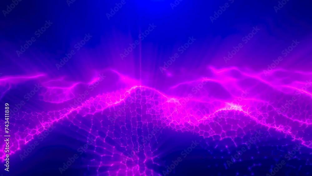 Poster purple energy magic digital high tech waves with light rays lines and energy particles. abstract bac
