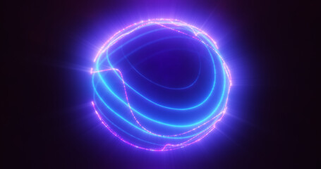 Abstract blue purple glowing digital high-tech futuristic energy plasma sphere with lines and particles on dark black background