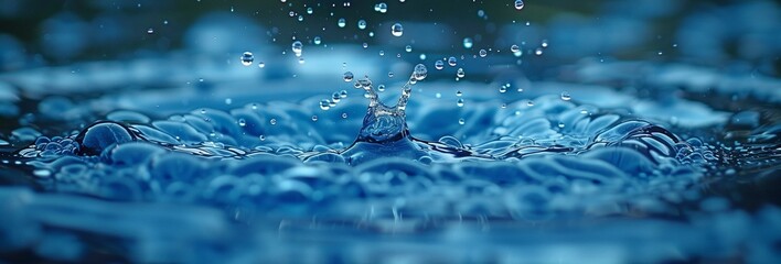 Blue water splashes falling on a liquid wave on an abstract background