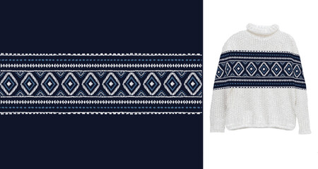 Vector traditional ornamental Ethnic pattern on sweater mock up. Embroidery colorful trend ethnic pattern. Design for ikat, blanket, fabric, clothing, carpet, textile, ethnic, batik, embroidery.
