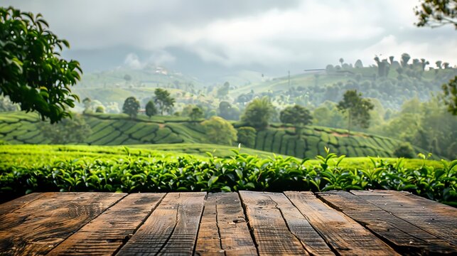Professional photo of top wooden table with tea plantation background
