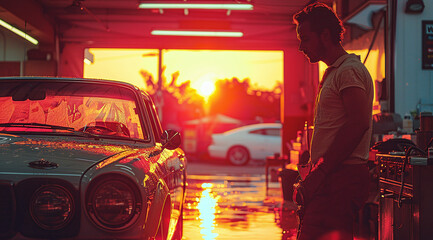 Man standing by a vintage car in a garage at sunset, with warm light casting silhouettes and reflections on the floor.