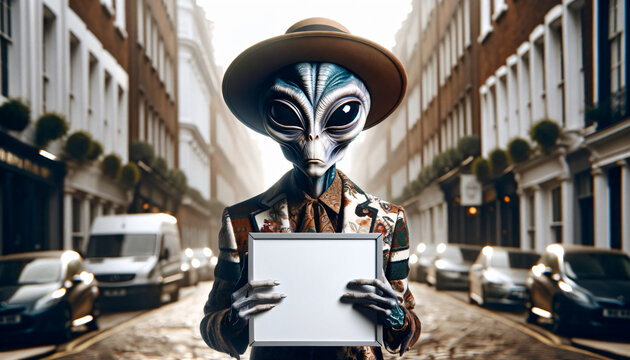 Alien with a white blank sign
