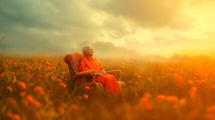 a dying elderly woman peacefully sitting on a vintage orange clean sofa waiting to crossover to the other side. waiting to go to heaven illustration and dealing with death in a peaceful way.