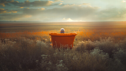 dying elderly man peacefully sitting on a vintage orange clean sofa waiting to crossover to the other side. sitting waiting to go to heaven illustration and dealing with death in a peaceful way. - obrazy, fototapety, plakaty