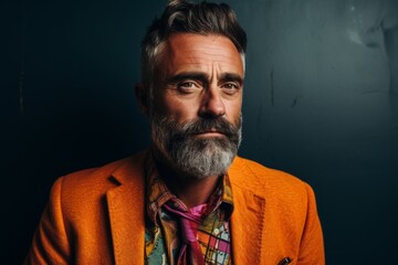Portrait of a handsome mature man with gray beard and mustache in orange jacket. Studio shot.
