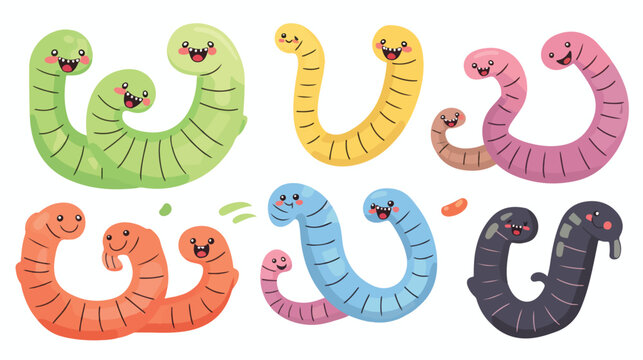 Worm insect icon set. Colorful earthworm. Cartoon