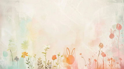 A simple yet stunning abstract background of soft muted pastel colors with faint outlines of Easter motifs such as bunnies eggs and flowers embodying the subtlety of the holiday. - obrazy, fototapety, plakaty