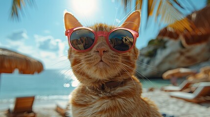 cat with glasses on vacation at sea