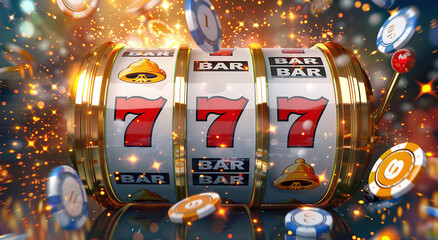 Slot machine reels showing lucky 777 jackpot, surrounded by colorful casino chips and glitter. - obrazy, fototapety, plakaty
