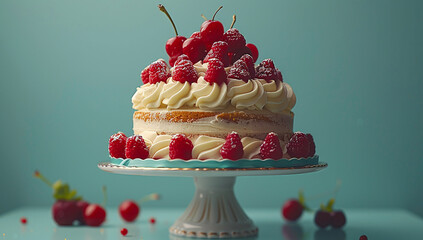Elegant sponge cake topped with cream and fresh raspberries on a white stand against a teal...