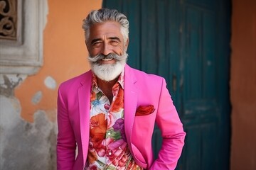 Portrait of an old man with a white beard wearing a pink suit and a floral shirt