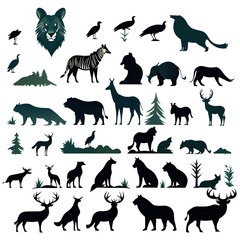 Silhouette Collection of Various Animals: Horse, Dog, Elephant, Deer, Cat, Bear, Wolf, Cow, Tiger, Goat, Giraffe