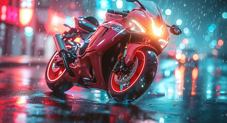 Red sports motorcycle parked on a wet city street at night with vibrant neon lights reflecting on the pavement. - Powered by Adobe
