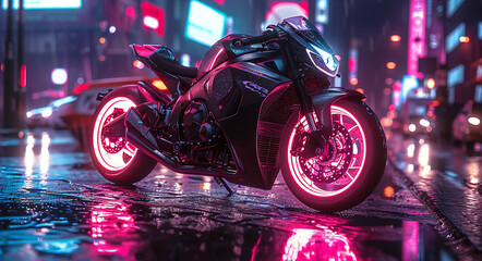Modern motorcycle parked on a wet city street at night with neon lights reflecting on the pavement. - Powered by Adobe