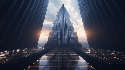 An abstract interpretation of the Empire State Building, with geometric patterns of light and shadow - obrazy, fototapety, plakaty