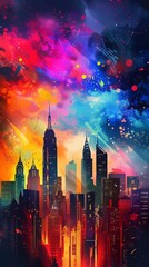 Obraz premium City painting with tall buildings and colorful sky