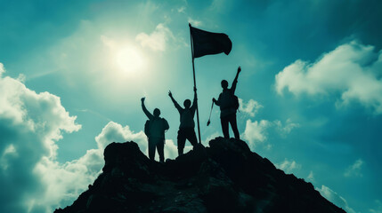 silhouette of a team of three hikers raising arms in victory after successfully planting a flag on mountain peak - obrazy, fototapety, plakaty