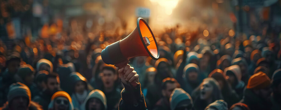 Protest leader with megaphone addressing crowd during a demonstration at dusk, concept of activism and social movement.