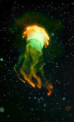 Obraz na płótnie Canvas Glowing jellyfish is swimming in the dark sea background