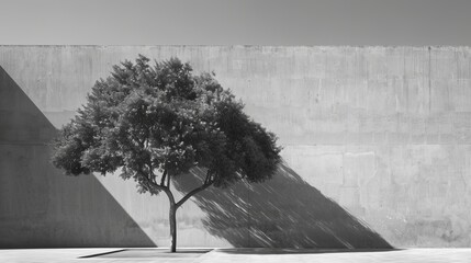 Fine art black and white photography Where simplicity meets with the combination of trees and walls. This creates defined shadows that create a sense of depth.