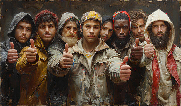 Group of diverse men giving thumbs up, looking determined and united, wearing hoodies and jackets.