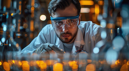 Focused scientist examining samples in a laboratory setting with glassware. - obrazy, fototapety, plakaty