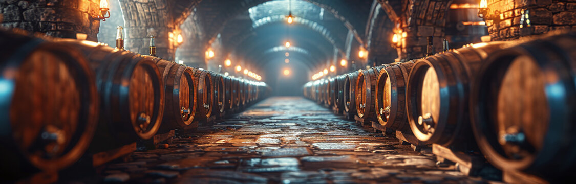 Vintage Wine Cellar With Rows Of Wooden Barrels, Atmospheric Lighting, And Cobblestone Floor.