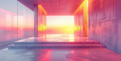 Modern architecture with concrete pillars and glass, illuminated by warm sunrise colors reflecting...