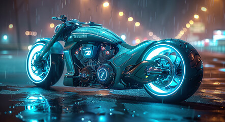 Custom motorcycle parked on a wet city street at night, illuminated by neon lights and reflecting on the pavement.