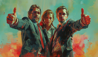 Fototapeta premium Group of three business men with thumbs up on a colorful background.