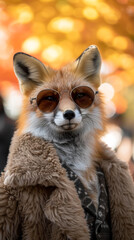 Fashion-forward fox in a faux fur coat, wearing oversized sunglasses, amidst a woodland chic backdrop, lit with dappled sunlight, emanating effortless style and charm