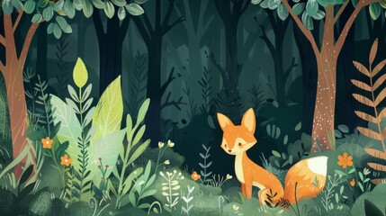Obraz na płótnie Canvas A smiling fox in a lush green forest, surrounded by plants and flowers, evokes themes of wildlife, nature, and serenity.