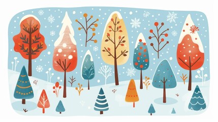 Snowy forest landscape with snowflakes falling, great for holiday themes, winter backdrops, and festive illustrations.
