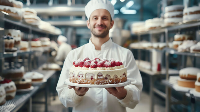 Baker holding a cake in his hands in front of a dessert production factory.