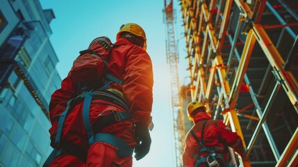 Construction workers wearing safety gear and harnesses as they erect steel beams and framework for a high-rise structure against the backdrop of a clear blue sky