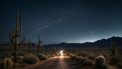 A road and cactus and starry night sky in the desert