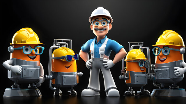 a cartoon character professional mechanical engineers on black background. worker in helmet