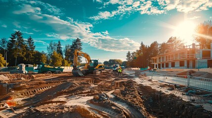 Construction site with workers operating heavy machinery, such as excavators and bulldozers, to clear the land and prepare the foundation for a new building - obrazy, fototapety, plakaty