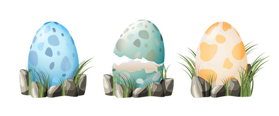 Set of dinosaur dragon eggs with spotted patterns. Egg shells and whole eggs in nest and grass. Dino eggs in cartoon style.