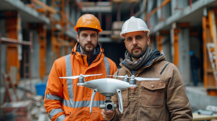 Engineer Specialists Use Drone on Construction Site. Architectural Engineer and Safety Engineering Inspector Fly Drone on Building Construction Site Controlling