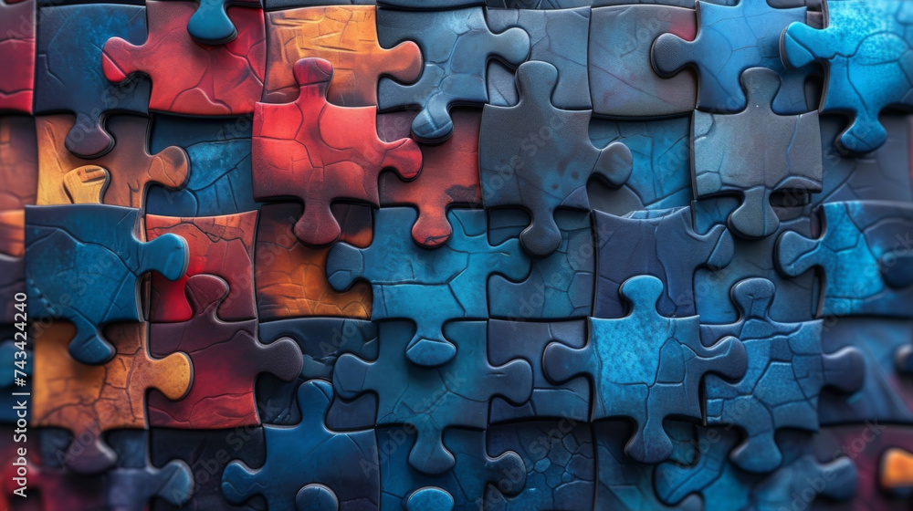 Poster an abstract puzzle comprised of various pieces fitting together signifying the interconnectedness of