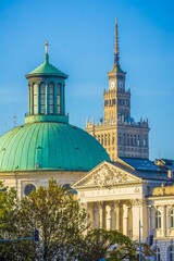Palace of Culture and Science with neoclassical buildings in Warsaw, Poland