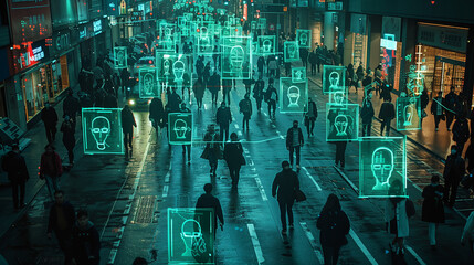 Elevated Security Camera Surveillance Footage, Crowd of People Walking on Busy Urban City, AI Facial Recognition Big Data Analysis Interface Scanning