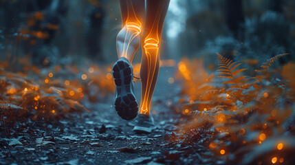 ankle pain and injury with the leg of a man in red highlight during a fitness workout. running in the forest Healthcare, medical and emergency with a male runner - obrazy, fototapety, plakaty